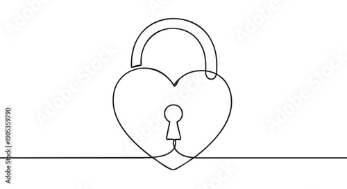 Continuous one line drawing of a heart shaped padlock with a keyhole, a simple minimalist black and white sketch representing love, secrets, and eternal commitment