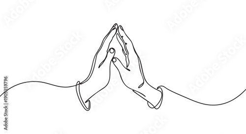 Continuous one line drawing of praying hands in a minimalist style, representing faith, spirituality, and gratitude in a simple black and white illustration