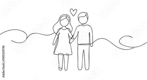 Continuous one line drawing of a couple holding hands with a heart symbol above, a minimalist black and white sketch representing love, romance, and togetherness