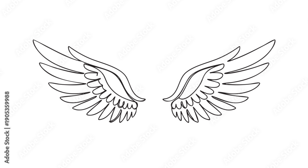 Obraz premium Pair of angel wings drawn in a continuous single black line style, showing a minimalist and elegant sketch of spread out feathers for a spiritual or freedom concept