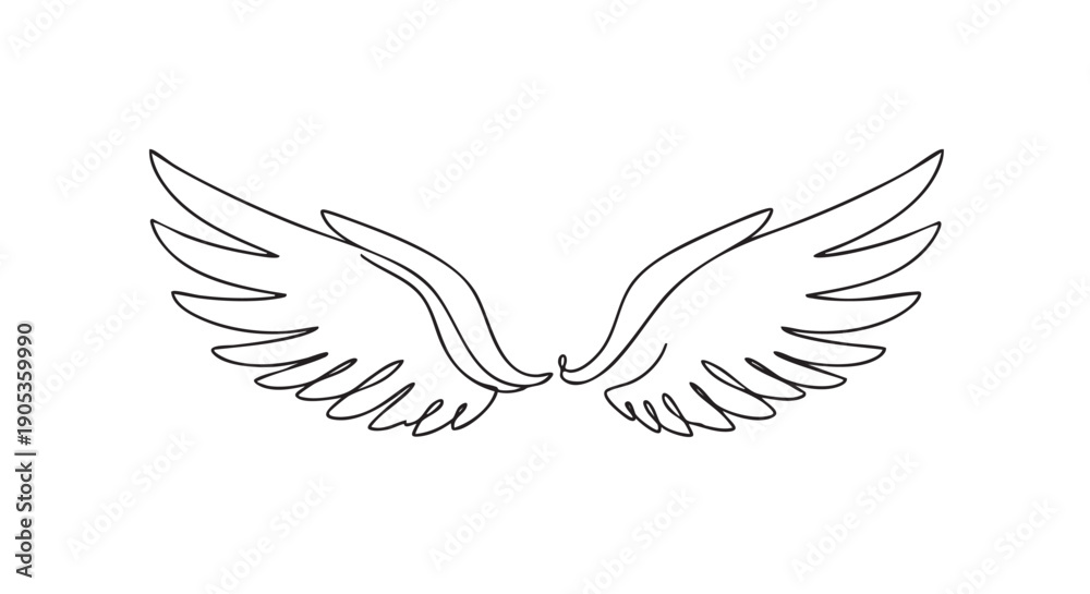 Obraz premium Pair of angel wings drawn in a continuous single line style creates a minimalist and elegant symbol of freedom, spirituality, and protection with its clean black outline