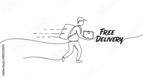 Continuous one-line drawing of a courier running with a package and backpack, illustrating a fast and free delivery service with elegant handwritten lettering