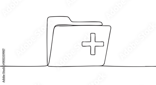 Medical records folder with a cross symbol drawn in a continuous single line art style, illustrating the concept of patient data, healthcare documents, and clinical information
