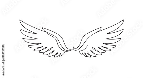 Pair of angel wings drawn in a continuous single line style creates a minimalist and elegant symbol of freedom, spirituality, and protection with its clean black outline