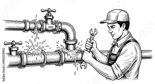Plumber fixing leaking pipes with wrench tool.