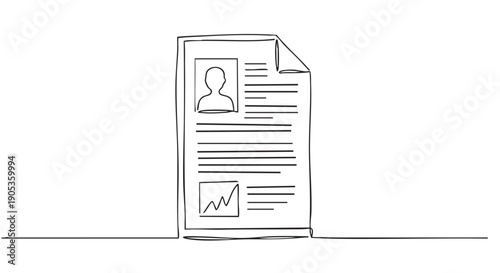 Continuous line drawing of a resume document with a profile photo placeholder, text, and a chart, representing a job application or curriculum vitae in a minimalist sketch style