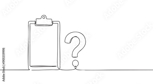 Continuous one line drawing of a clipboard and question mark representing a survey, quiz, or frequently asked questions concept in a minimalist black and white illustration style