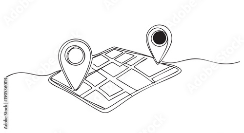 Two location pins on a street map drawn in a continuous single line style, symbolizing a route, destination, and navigation for travel or a journey between two points