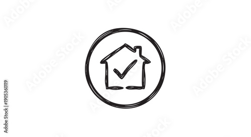 Hand-drawn black house icon with a checkmark inside a circle, created in a simple doodle sketch style, symbolizing home approval, property insurance, and real estate verification