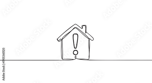Continuous one line drawing of a house with an exclamation mark inside, symbolizing a warning, property alert, or real estate problem in a minimalist hand-drawn style