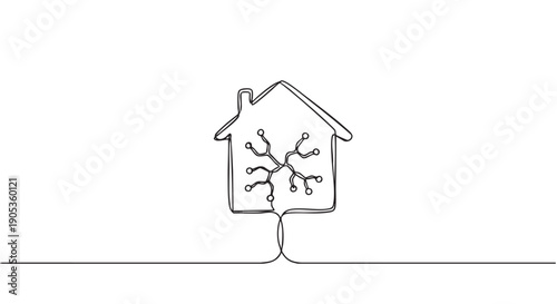 Smart house icon with an internal circuit network drawn in a continuous single line style, representing home automation, technology, connectivity, and the internet of things