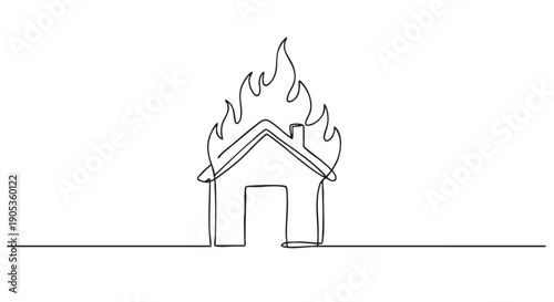 Single continuous line drawing of a burning house with large flames engulfing the roof, illustrating a concept of disaster, loss, emergency, and property insurance in a minimalist style