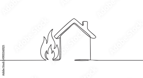 Burning house drawn with a single continuous black line represents disaster, property loss, emergency, and risk in a minimalist, symbolic, and graphic illustration