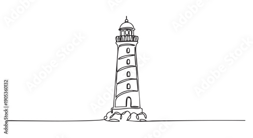 Lighthouse tower on a rocky shore drawn in a continuous one line art style, a minimalist black and white sketch with an elegant and simple aesthetic for modern design