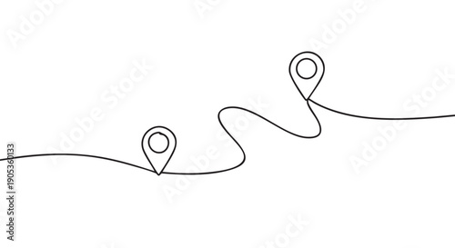 Continuous line drawing of a route with two location pins shows a path from a starting point to a destination, symbolizing a journey, travel, and navigation on a map