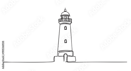 Minimalist black and white lighthouse drawn with a single continuous line, showing the classic tower structure with a lantern room and gallery in a simple, elegant illustration