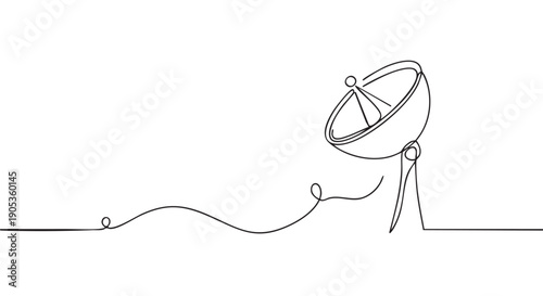 Single continuous line drawing of a satellite dish antenna for global communication and broadcasting, representing technology, connection, and information transmission in a minimalist style