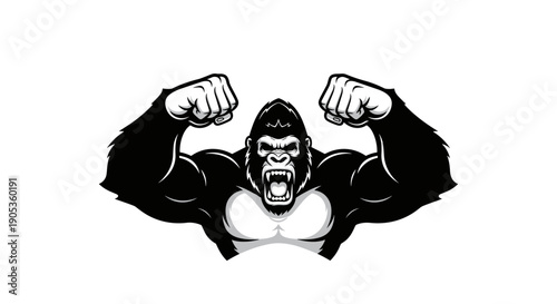 Powerful Gorilla Flexing Biceps Muscles Aggressively Roaring.