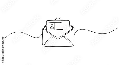 Continuous one line drawing of an open envelope with a resume inside, representing a job application, correspondence, and communication in a minimalist black and white art style