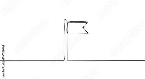 Continuous single line drawing of a flag on a flagpole in a minimalist doodle style, representing a goal, milestone, or destination marker for success and achievement