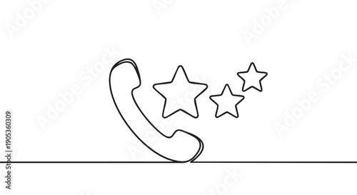 Telephone receiver and three stars drawn in a continuous single line art style symbolizing excellent customer feedback, high rating, and quality communication service
