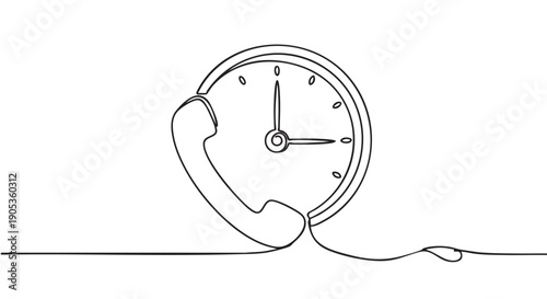 Continuous one-line drawing of a clock and a vintage telephone receiver symbolizing time-sensitive communication, customer support, or waiting for an important call