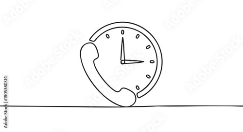Continuous line drawing of a clock and telephone receiver symbolizing 24/7 customer support, communication, and time management in a minimalist black and white style