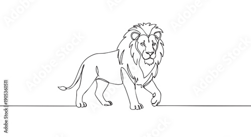 Continuous single line drawing of a majestic lion walking forward, a minimalist black and white illustration symbolizing strength, power, and elegance