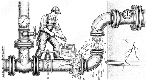 Plumber Fixing Leaking Industrial Pipes with Water Spraying.