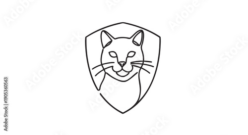Minimalist black line art logo of a cat's head inside a shield, representing pet protection, veterinary care, or an animal shelter emblem in a clean, modern graphic style