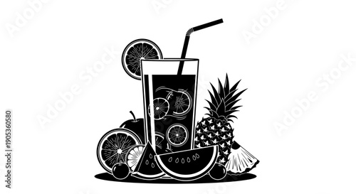 Refreshing Tropical Fruit Drink with Slices and Pineapple.