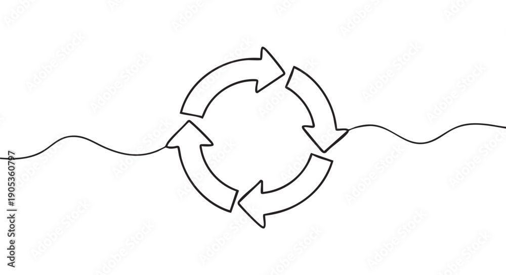 Obraz premium Continuous one line drawing of four arrows forming a circular symbol for recycling, representing a constant workflow, loop, or sustainable process in a minimalist style