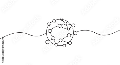 Continuous single line drawing of a global network sphere with interconnected nodes representing data and communication in a minimalist black and white illustration style