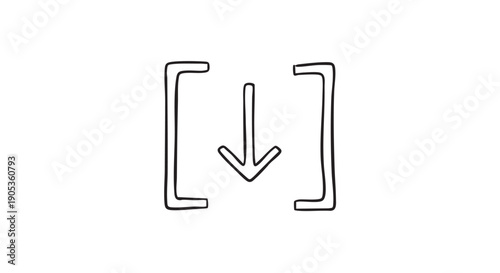 Hand-drawn black download icon with a simple arrow pointing down inside a bracket, illustrating a minimalist doodle symbol for saving, importing, or getting files