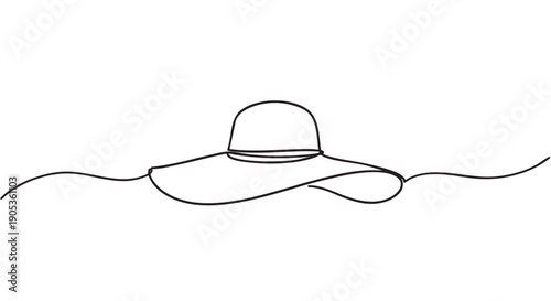 Wide-brimmed summer sun hat drawn in a continuous single line style, showcasing a minimalist and elegant design for fashion and travel concepts