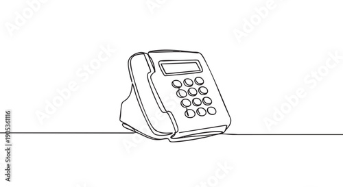 Classic office landline telephone drawn in a minimalist single continuous line style, illustrating a concept of communication, connection, and retro technology in a simple sketch