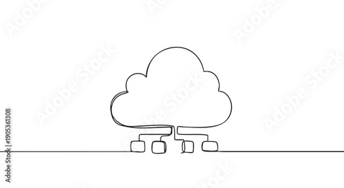 Continuous one line drawing of a cloud computing network diagram representing data storage, connection, and technology in a minimalist hand-drawn sketch style for modern business concepts
