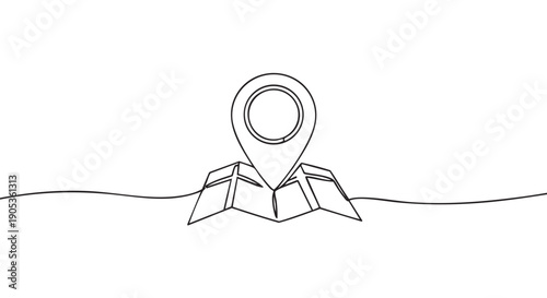 Map pin and folded map drawn in a continuous one line art style, a minimalist black and white illustration representing location, navigation, and destination