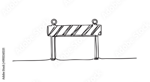 Construction roadblock barrier with warning stripes drawn in a single continuous black line, illustrating an obstacle or restricted area in a minimalist doodle art style