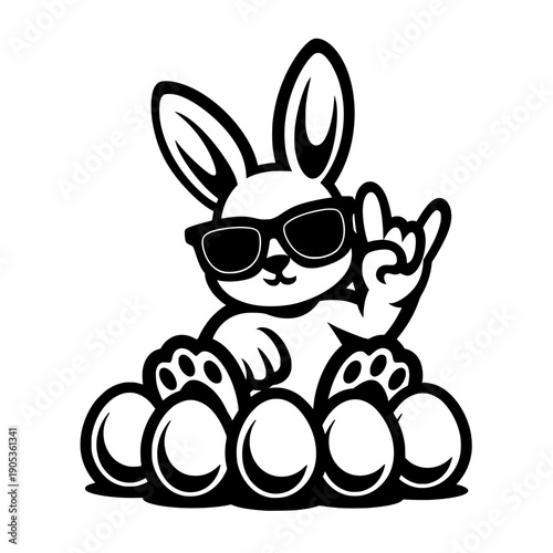 A cool bunny with sunglasses makes a rock hand gesture while sitting behind eggs expressing easter fun music attitude humor and playful cartoon style.