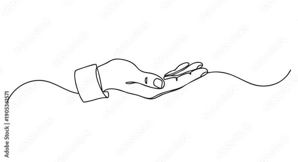 Obraz premium One continuous black line art illustration of a cupped human hand with a shirt cuff, symbolizing help, charity, and care in a simple, elegant, and modern design