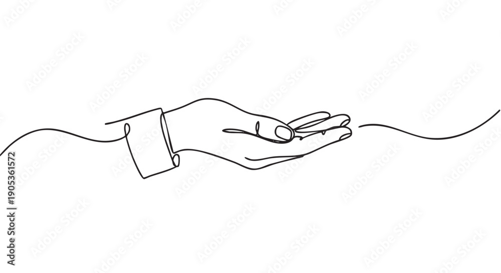 Obraz premium Single continuous line drawing of a hand with an open palm in a giving or receiving gesture, rendered in a minimalist black and white style for concepts of help and support