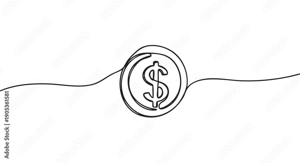 Obraz premium Dollar sign coin drawn in a continuous single line art style representing finance, economy, and currency in a minimalist black and white illustration for business concepts