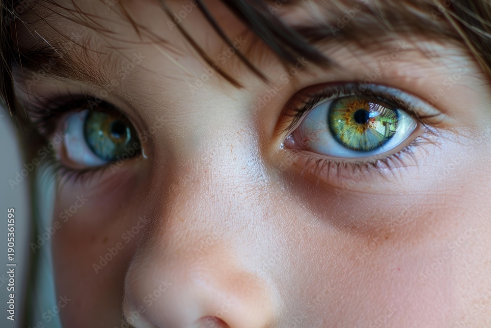 Obraz premium Close up of captivating green eyes of a child, highlighting the intricate details of the iris and long eyelashes