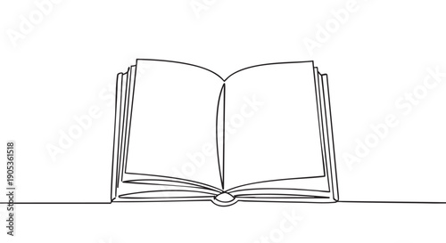 Open book with blank pages drawn in a continuous single line style, representing education, knowledge, and storytelling in a minimalist black and white vector illustration
