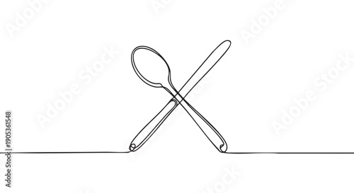 One continuous line drawing of a spoon and knife crossed in a minimalist black outline style, a simple sketch representing a restaurant, cafe menu, or culinary concept