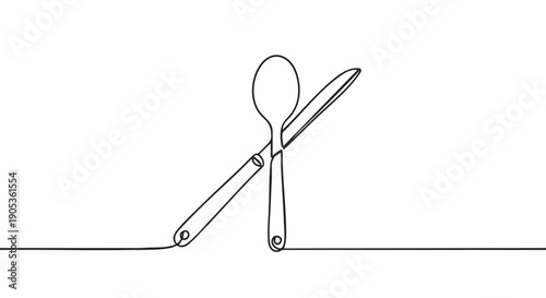 Continuous one line drawing of cutlery with a spoon and knife crossed in a minimalist black and white style, representing dining, food, and restaurant concepts