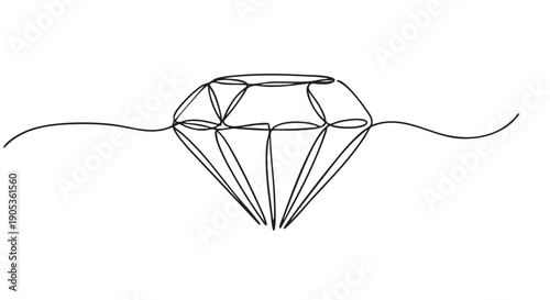 Continuous single line drawing of a diamond gemstone with elegant facets, rendered in a minimalist black and white style, showcasing a modern and artistic illustration concept