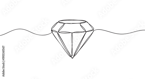 Single continuous line drawing of a faceted diamond creates an elegant and minimalist symbol of luxury and value, showcasing a simple yet sophisticated artistic style