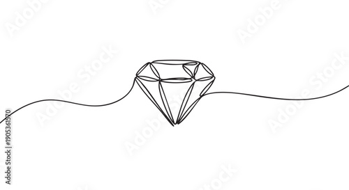 Continuous single black line drawing of a faceted diamond gemstone in a minimalist art style, creating an elegant and simple illustration of luxury, wealth, and precious jewelry